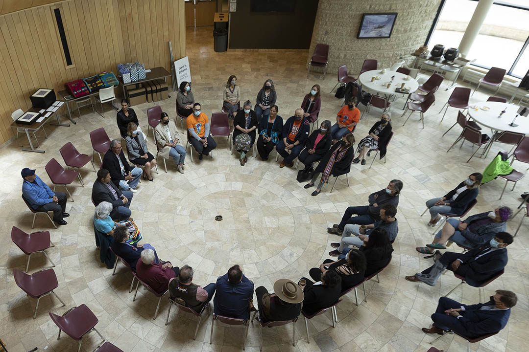 The policy task force, comprising prominent Indigenous Elders, leaders, and Knowledge Keepers, at the Gordon Oakes Red Bear Student Centre at the University of Saskatchewan.