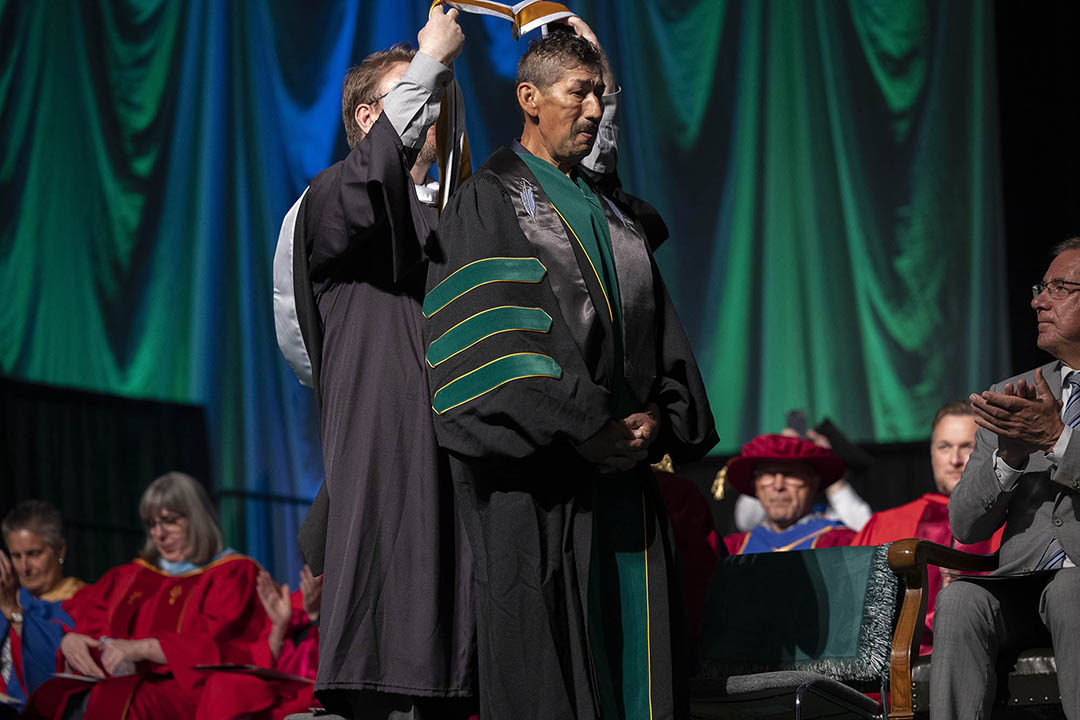 Community leader Gary Carriere was awarded an Honorary Doctor of Science degree at USask Spring Convocation on June 6. 