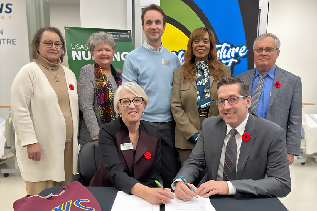 (L to r back row) Dr. Mary Ellen Labrecque (Associate Dean Academic USask Nursing), Dr. Lynn Jansen (Previous Associate Dean Distributed Learning USask Nursing), Mr Mark Tomtene (Director of Operations USask Nursing), Dr. Priscilla Lothian (VP Academic NWC), Mr Bill Volk (Board of Governors North West College) (Front row) Dr. Solina Richter (Dean USask Nursing) and Dr. Eli Ahlquist (President and CEO North West College)