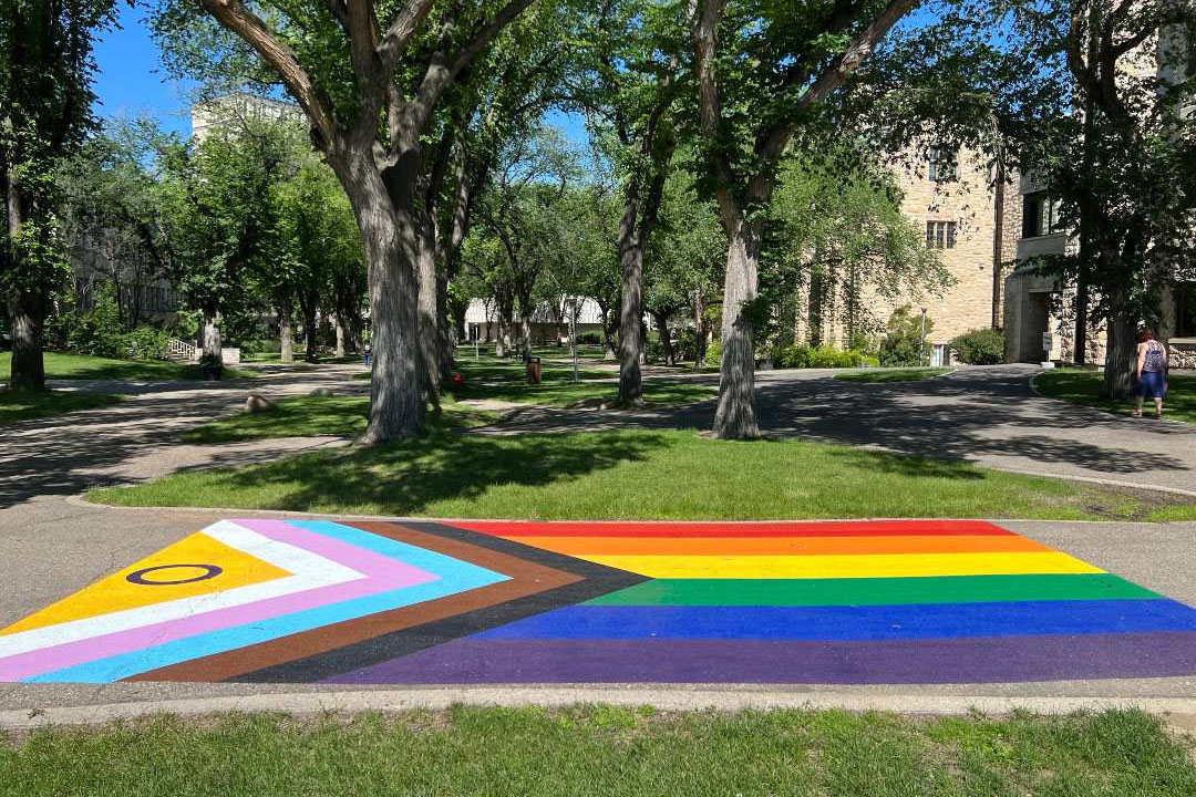 The intersex-inclusive Progress Pride flag painted on the sidewalk of the University of Saskatchewan campus. 