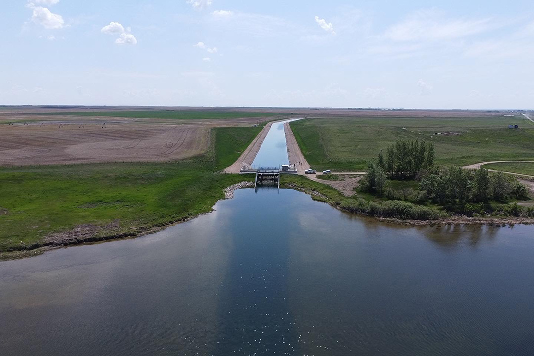 A canal connecting to the Broderick Reservoir, built in 1967, and located approximately 82 kilometres south of Saskatoon. (Photo: Phillip Harder)