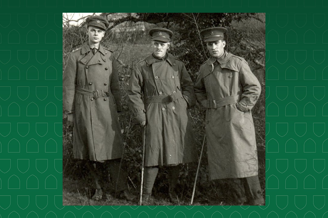 Three University of Saskatchewan law students overseas with the Canadian Expeditionary Force in England in November of 1916: From left, future Canadian Prime Minister John Diefenbaker, Lieutenant Hugh Aird (wounded on April 9, 1917, but survived the war), and Lieutenant Michael Allan MacMillan, who was killed in action on April 9, 1917. (Photo: University Archives and Special Collections A-10942)