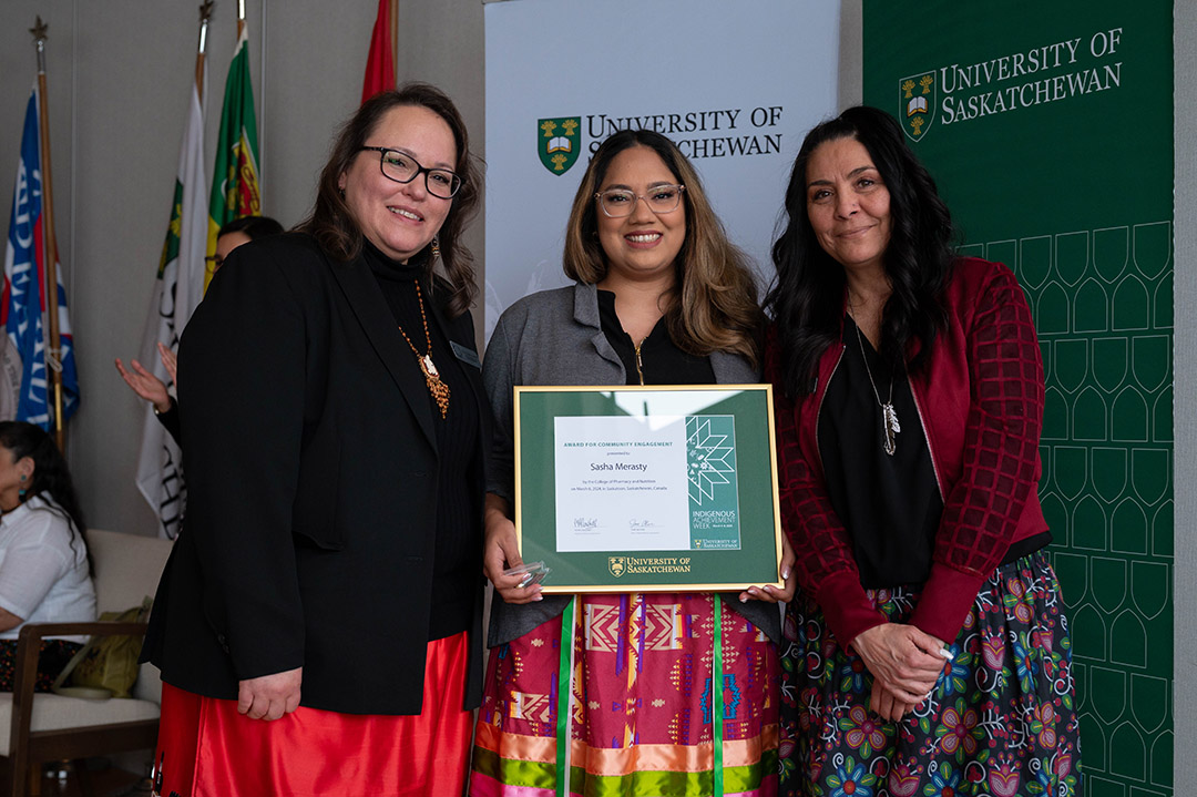 For her efforts in community engagement, USask student Sasha Merasty received an award at this year’s Indigenous Student Achievement Awards. (Photo: Nicole Denbow)