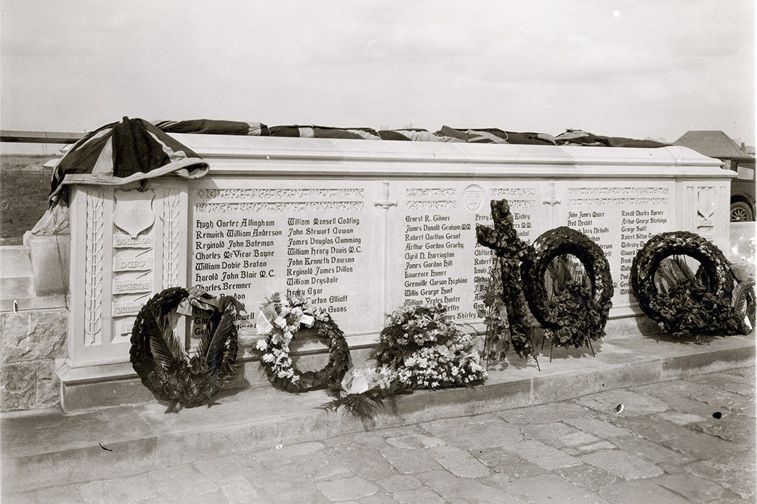 The Memorial Gates monument on campus was unveiled in 1928, 10 years after the end of the First World War, engraved with the names of the 69 University of Saskatchewan students, staff, faculty, and alumni who gave their lives overseas. (Photo: University Archives and Special Collections A-532)