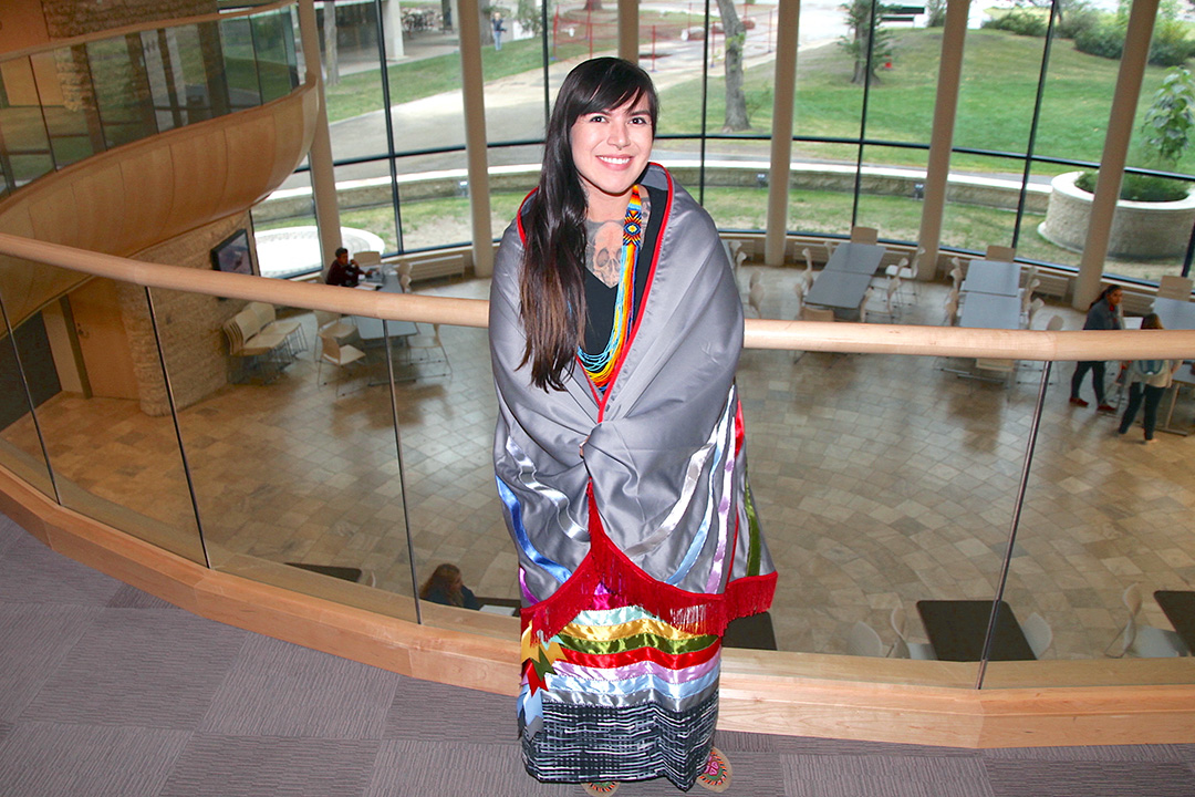 University of Saskatchewan master’s student Jamie LaFleur of the Lac La Ronge Indian Band, in the Gordon Oakes Red Bear Student Centre. (Photo: James Shewaga)