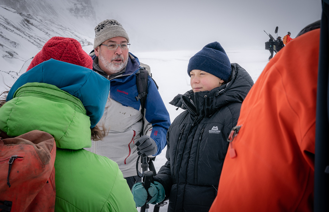 At a stop on Oct. 22 during her ongoing trip across North America, climate activist Greta Thunberg met with University of Saskatchewan (USask) water scientist John Pomeroy at a USask field research site on the Athabasca Glacier in Jasper, Alberta. (Photo: Mark Ferguson)