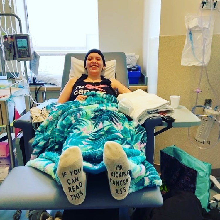 Cervical cancer patient Amanda Niebergall receives chemotherapy treatment at the Allan Blair Cancer Centre, Regina, Sask., April 2020. (Photo: Amanda Niebergall, @amandafightsback)