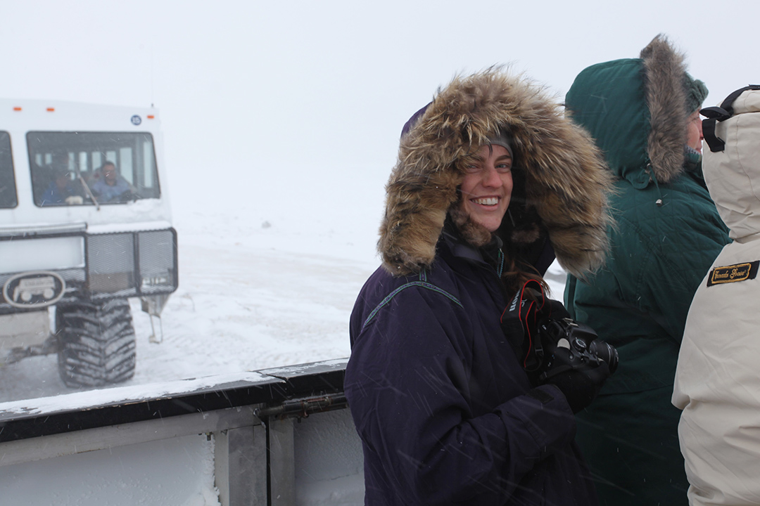 SENS master’s student Katie Manning on a tundra buggy searching for polar bears in Churchill, Manitoba. (Photo: Douglas Clark)