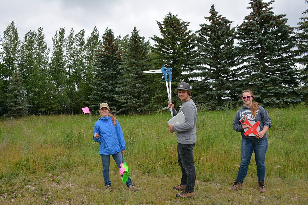 From left: Master’s student Brooke Howatt, with undergraduates Scott Wood, and Lindsey Rudd, preparing to survey a white spruce shelterbelt in western Saskatchewan. (Photo: University of Saskatchewan)