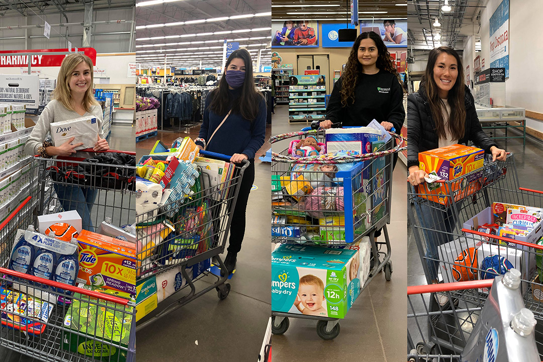 From left: Veronica Hammer, Sarah White, Masooma Bhatti and Aden Mah are among the USask medical students who have raised funds to purchase and transport personal hygiene products, sewing supplies and at-home activities for families living in the La Loche community. (Photos: Submitted)