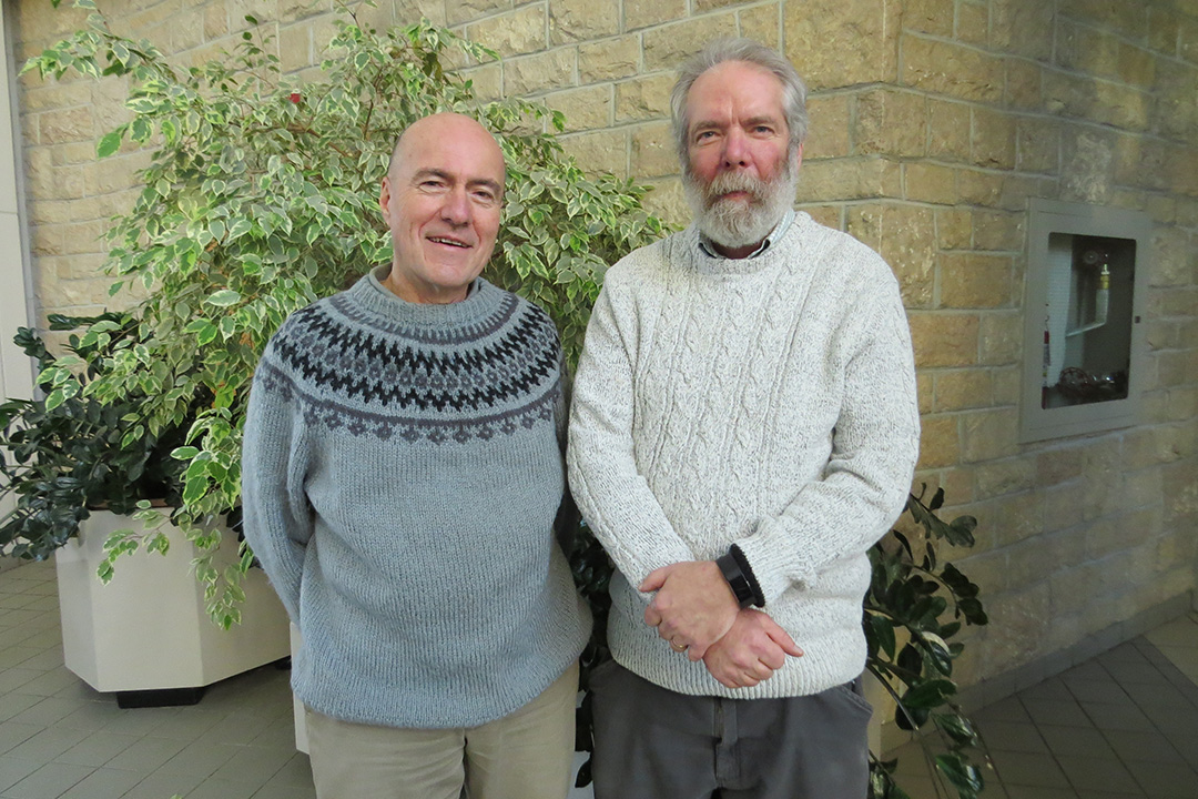 Research technician Rick Sawatzky (left) and Dr. Bob Bors (PhD) received the Stevenson Award in 2019 for their work in fruit breeding. (Photo: Gloria Gingera)