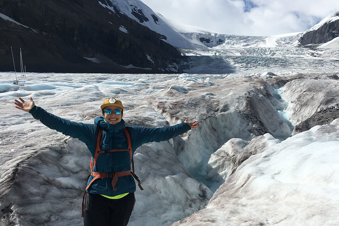 Geography and planning PhD candidate Caroline Aubry-Wake is pictured on the Athabasca Glacier in July 2020. (Photo: Robin Heavens)