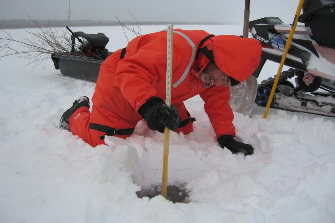 Karl-Erich Lindenschmidt carrying out an ice survey on the Slave River, NWT. (Photo submitted: Karl-Erich Lindenschmidt)