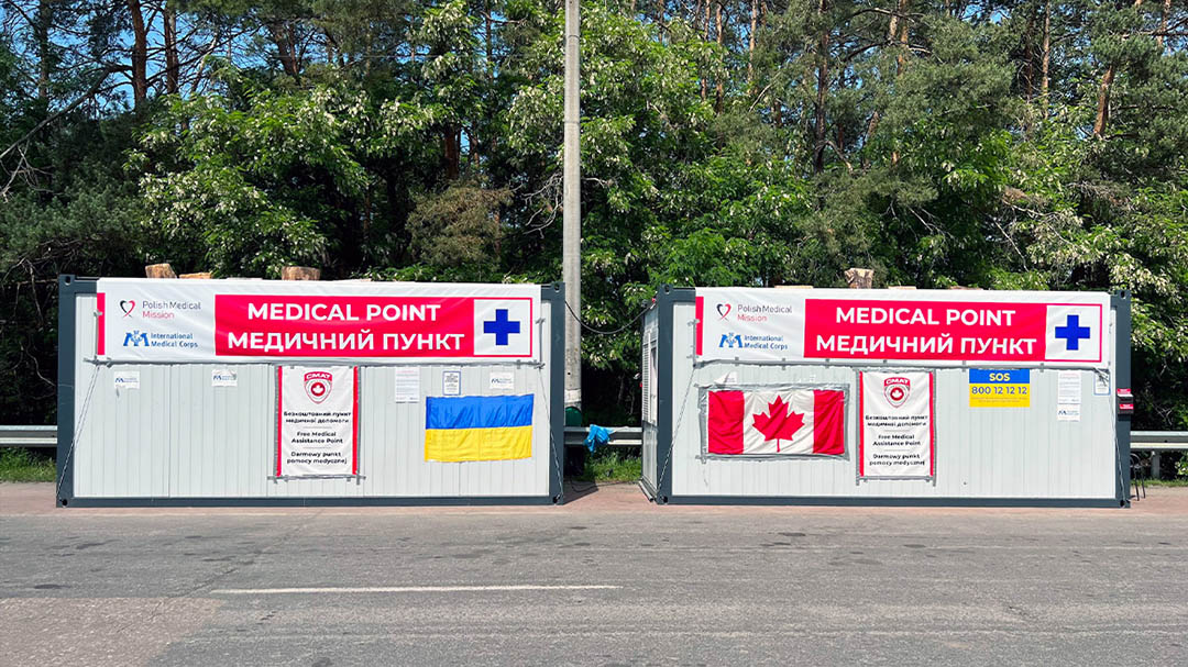 Containers at the Ukraine/Poland border used as a clinic and for storing donated supplies and medications. (Photo: Submitted)
