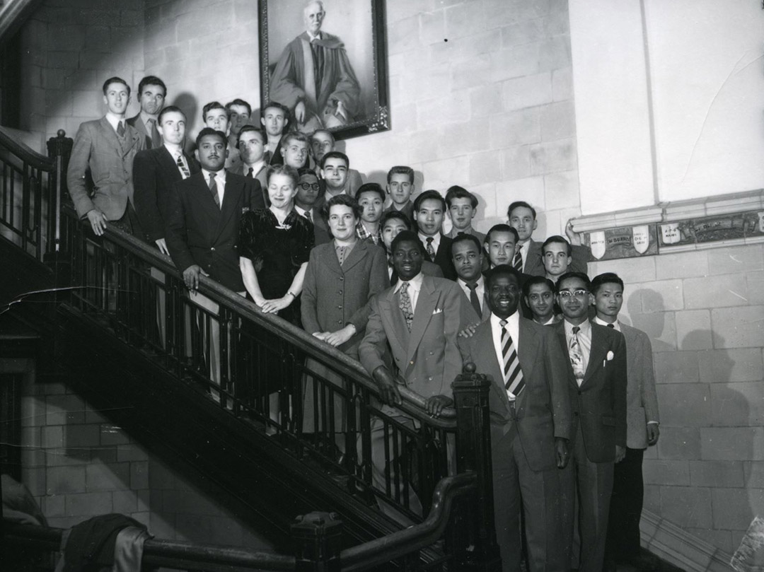 The University of Saskatchewan International Student Group, including Dr. N.T.C. Agulefo (MD) (bottom row far left), pose on the stairs in the Administration Building in 1952. (Photo: RG-2104 FONDS, A-3772) 