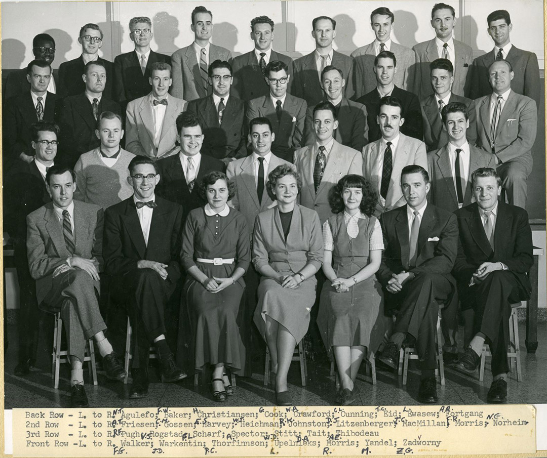 The University of Saskatchewan medicine class of 1954, featuring Dr. N.T.C. Agulefo (MD) (top row, far left). (Photo: RG-2104 FONDS, A-5770) 