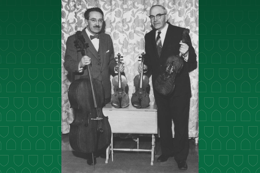 Stephen Kolbinson (right) presenting the Amati quartet to Murray Adaskin of the University of Saskatchewan in 1957 (Credit: Prairie Fiddler, glenclarson.com)