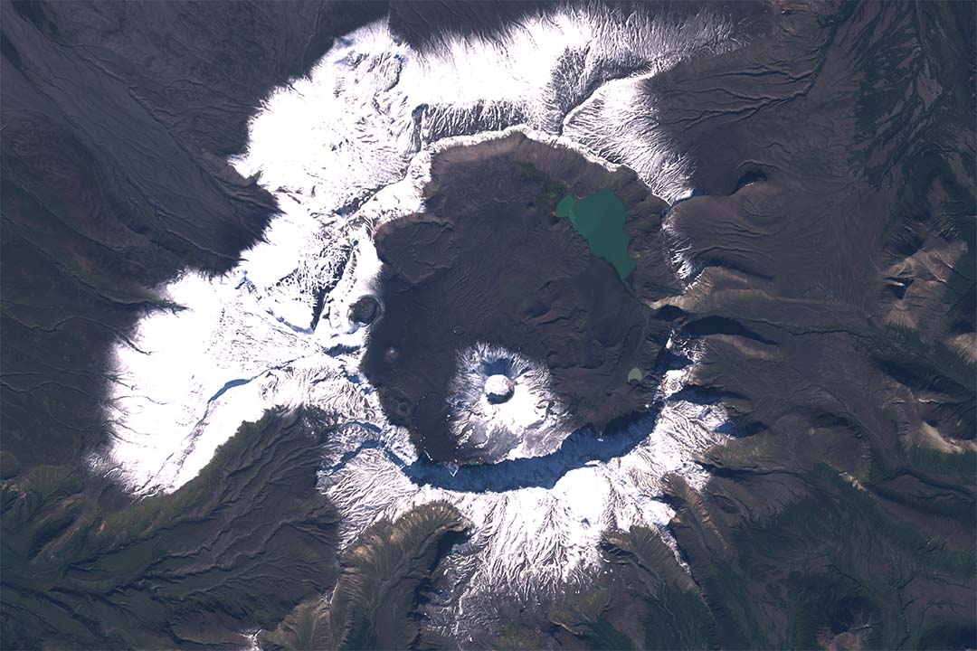 Satellite image (Copernicus Sentinel-2) of the Aniakchak Caldera on the Alaska Peninsula, one out of over 850 eruptions reconstructed to understand their lasting impacts on climate.