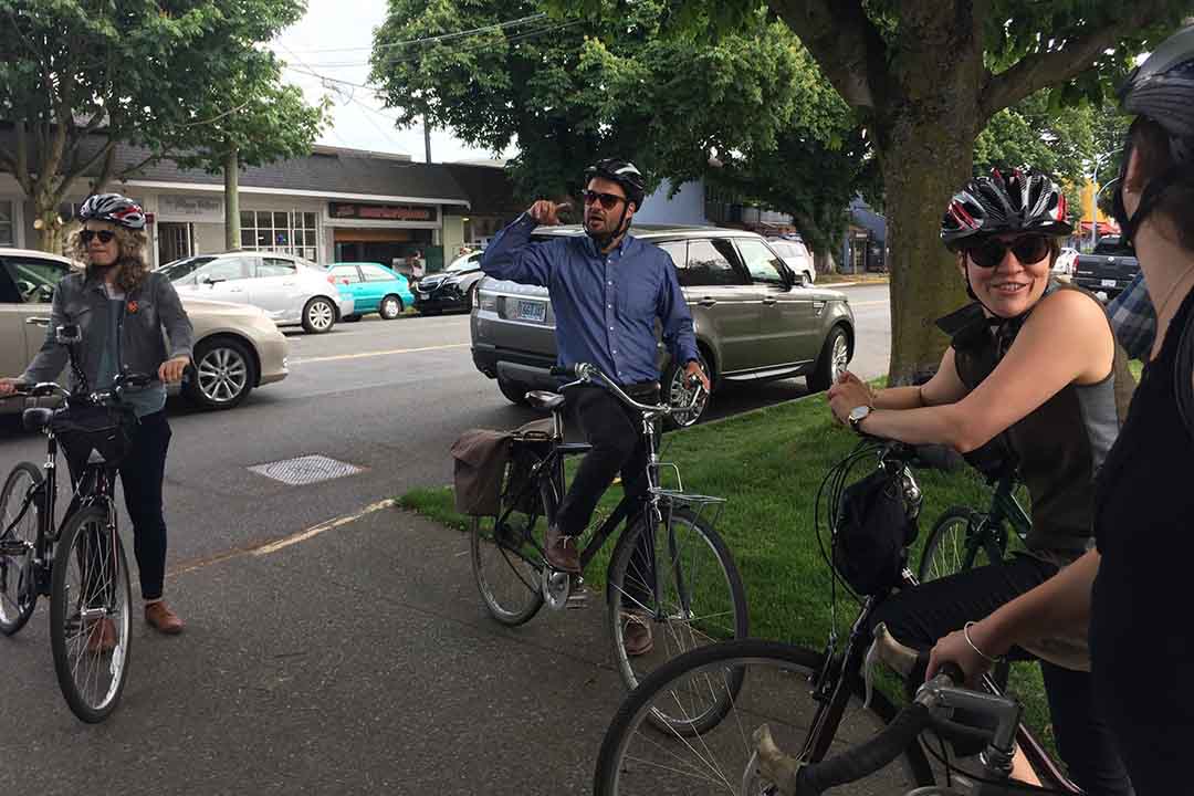 Cyclists (L-R) Callista Ottoni, Dale Bracewell, and Margot Gough take a break in Victoria, B.C. (Photo: Elise Gatti)