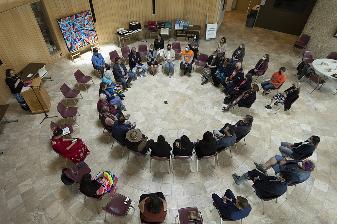 The policy task force, comprising prominent Indigenous Elders, leaders, and Knowledge Keepers, at the Gordon Oakes Red Bear Student Centre at the University of Saskatchewan.