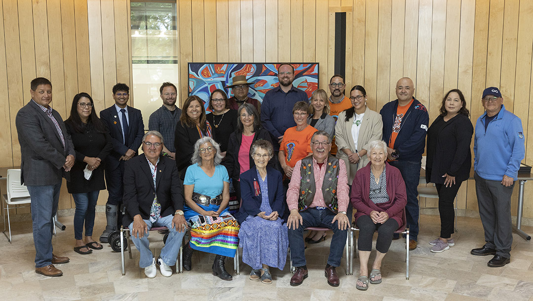 The policy task force, comprising prominent Indigenous Elders, leaders, and Knowledge Keepers, at the Gordon Oakes Red Bear Student Centre at the University of Saskatchewan.