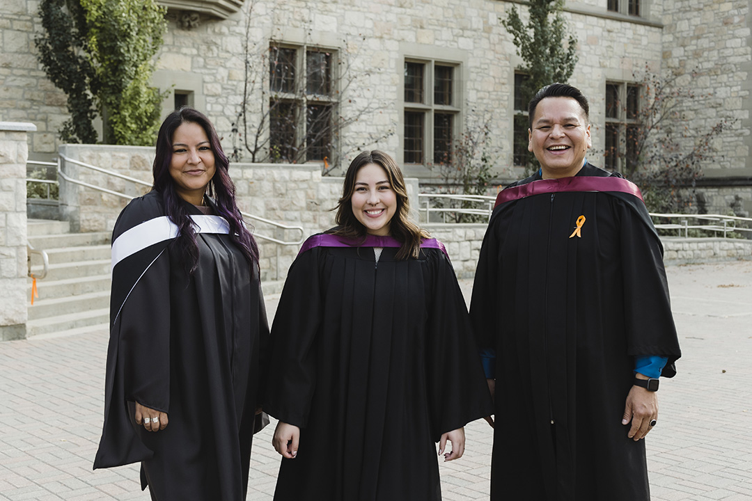 From left: Danielle Bird, Khoniss Wuttunee and Sheldon Bear. For the first time in three years, graduating Indigenous students will return to Merlis Belsher Place on June 3 for a campus celebration event. (Photo: University of Saskatchewan)