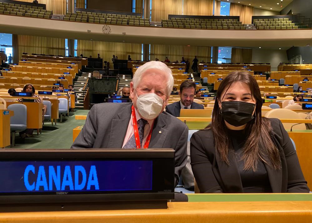 USask graduate student Kate Gillis (right) with Canadian Ambassador, the Honorable Bob Rae, at the Canada desk in the UN General Assembly Hall. (Photo: Submitted)