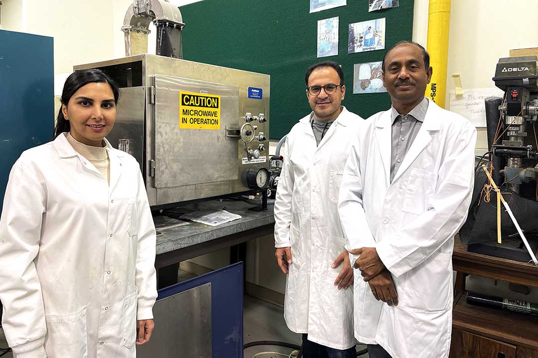 Left to right: USask doctoral students Tahereh Najib, Mehdi Foroushani, and USask College of Engineering researcher Dr. Venkatesh Meda (PhD) at the Canadian Light Source synchrotron. (Photo: Submitted)