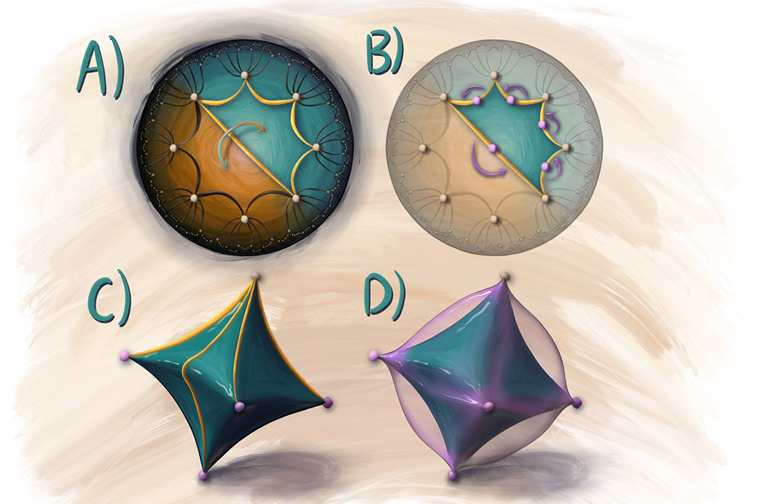 An illustration by Elliot Kienzle (undergraduate research assistant, quanTA Centre, USask) of a hyperbolic crystal in action.