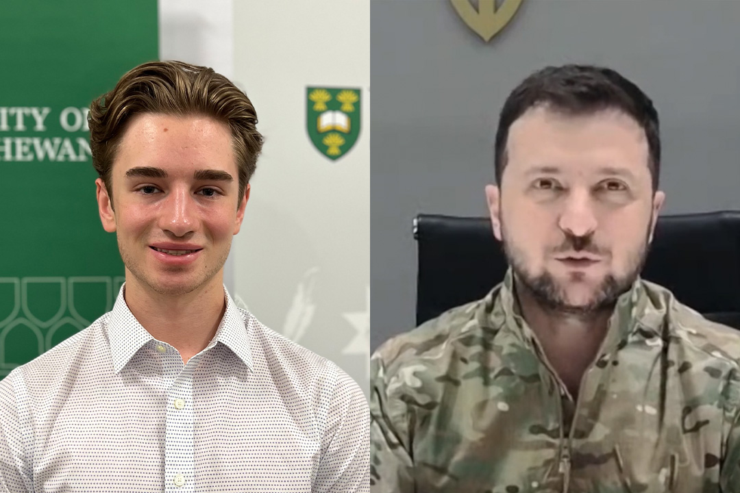 From left: USask College of Arts and Science graduate Quinn Rozwadowski, and a screen shot of Ukraine President Volodymyr Zelenskyy, taken from a broadcast on June 22, 2022.