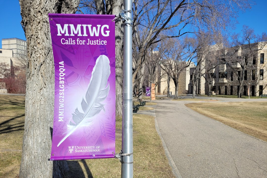 Calls for Justice are featured on outdoor banners placed around The Bowl on the main USask campus. (Photo: Shannon Boklaschuk)