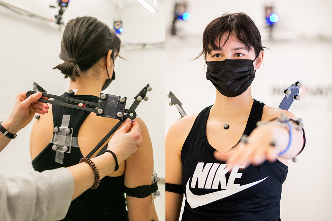 Student Lauryn Campbell wears reflective markers for motion capture that allow researchers to analyze the movement of her shoulder. (Photo: Christina Weese)