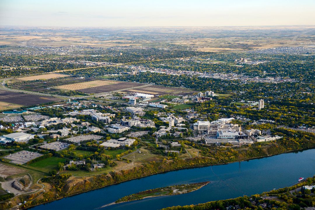 An aerial view of the USask campus.