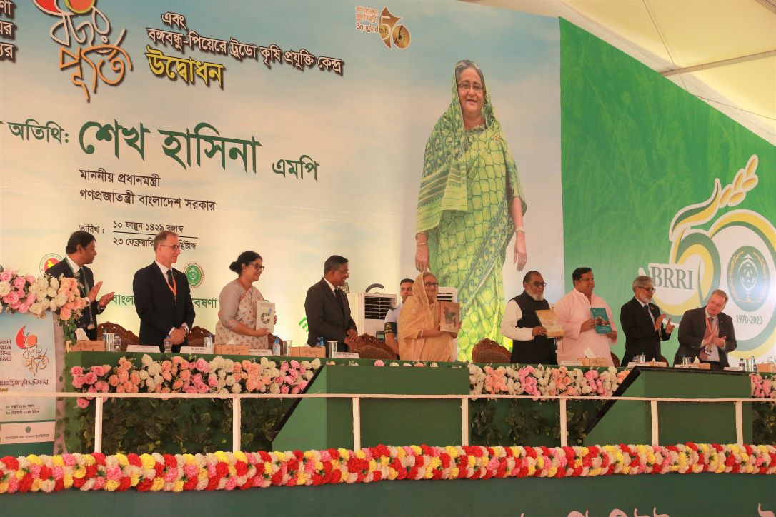 Earlier this year, Bangladesh Prime Minister Sheikh Hasina participated in an event at the Bangladesh Rice Research Institute where officials, including GIFS CEO Steven Webb, celebrated the inauguration of the Bangabandhu-Pierre Elliott Trudeau Agriculture Technology Centre. (credit: submitted)