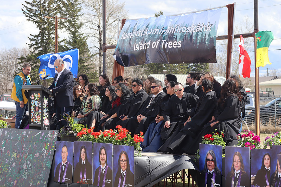 Twenty-six students from the Cree Teacher Education Program gathered on May 6 to celebrate the completion of their Bachelor of Education degrees from USask. (Photo: Submitted by Connor Jay)