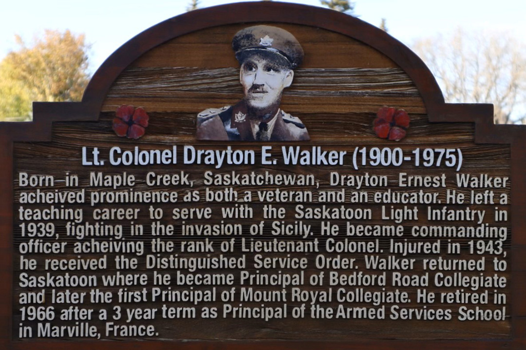 The dedication sign at Lt. Col. Drayton Walker Park in the Montgomery neighbourhood of Saskatoon. (Photo: Megan Trinidad)