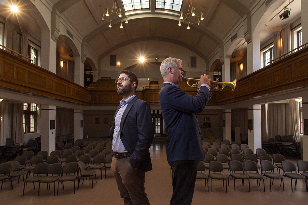 Dr. Steven Rayan (PhD) is a professor in the USask Department of Mathematics and Statistics. Dean McNeill (right) is head of the Department of Music and artistic director of the Saskatoon Jazz Orchestra. (Photo: Chris Putnam)