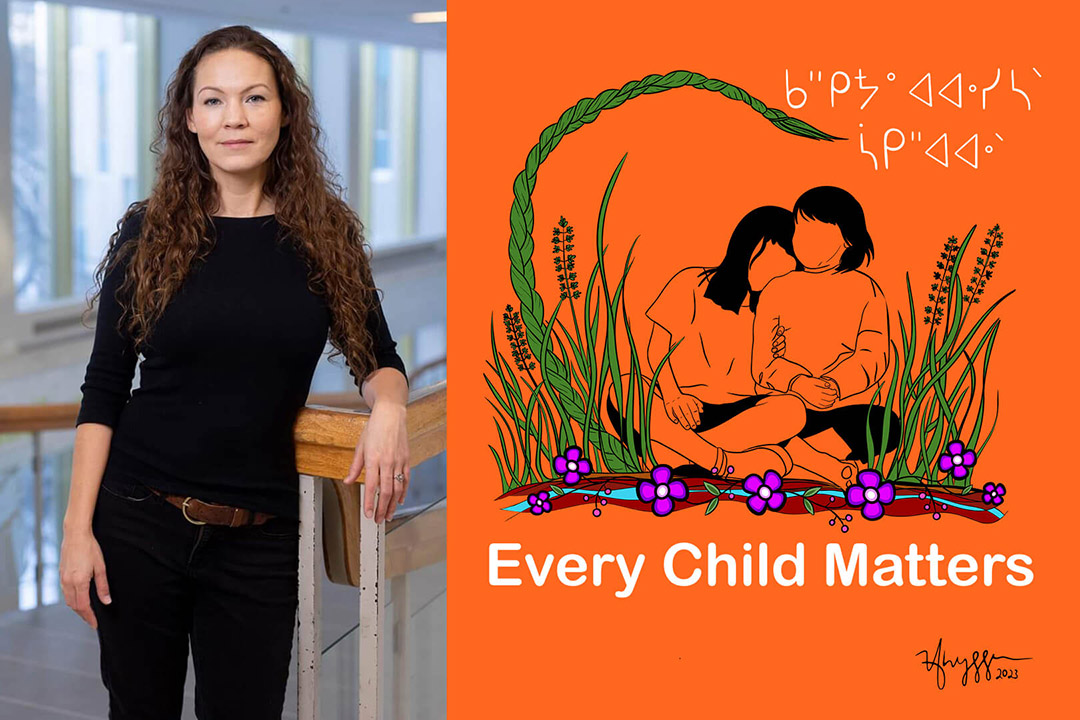 Photo of Vanessa Hyggen by David Stobbe. Artwork by Vanessa Hyggen commissioned by the University of Saskatchewan Indigenous Space and Visual Symbols in the Health Sciences Committee for Orange Shirt Day 2023.