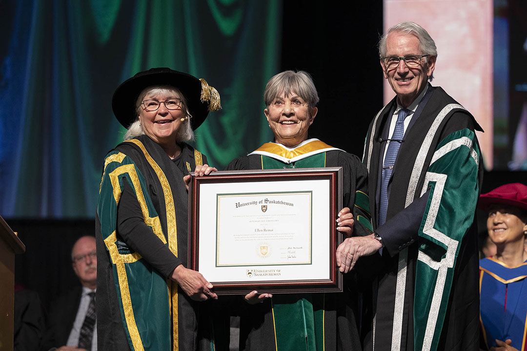 Visionary philanthropist Ellen Remai was awarded an Honorary Doctor of Laws degree at USask Spring Convocation on June 7.