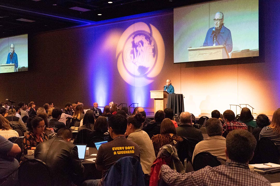 Elder Roland Duquette, Mistawasis Nêhiyawak and USask Gordon Oakes Red Bear Centre, giving the opening greeting at the GWF open science meeting. (Photo: Mark Ferguson)