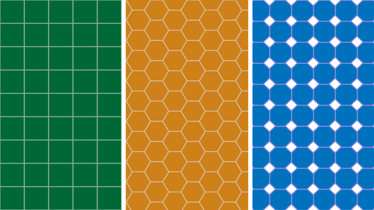 Squares or hexagons can create a seamless pattern on a flat surface, but octagons cannot. 