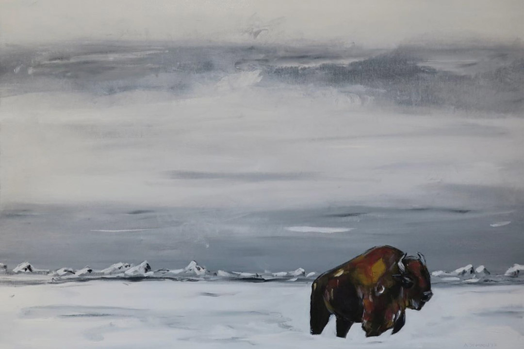 painting of Plains bison on a winter landscape. 