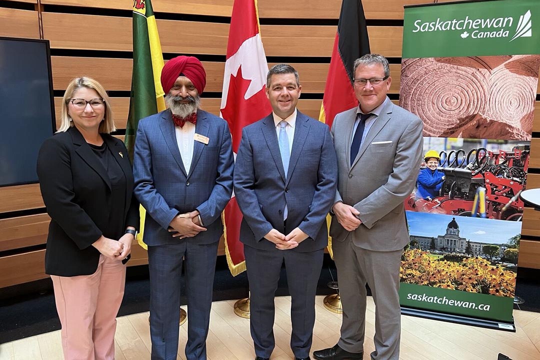 From Left: Deputy Minister, Jodi Banks, Ministry of Trade and Export Development; Vice-President Research, Baljit Singh, USask; Minister, Jeremy Harrison, Ministry of Trade and Export Development; Director and CEO of the Vaccine and Infectious Disease Organization, Volker Gerdts, USask at the Sustainable Saskatchewan Reception at the new Germany office. (Photo: Ministry of Trade and Export Development)