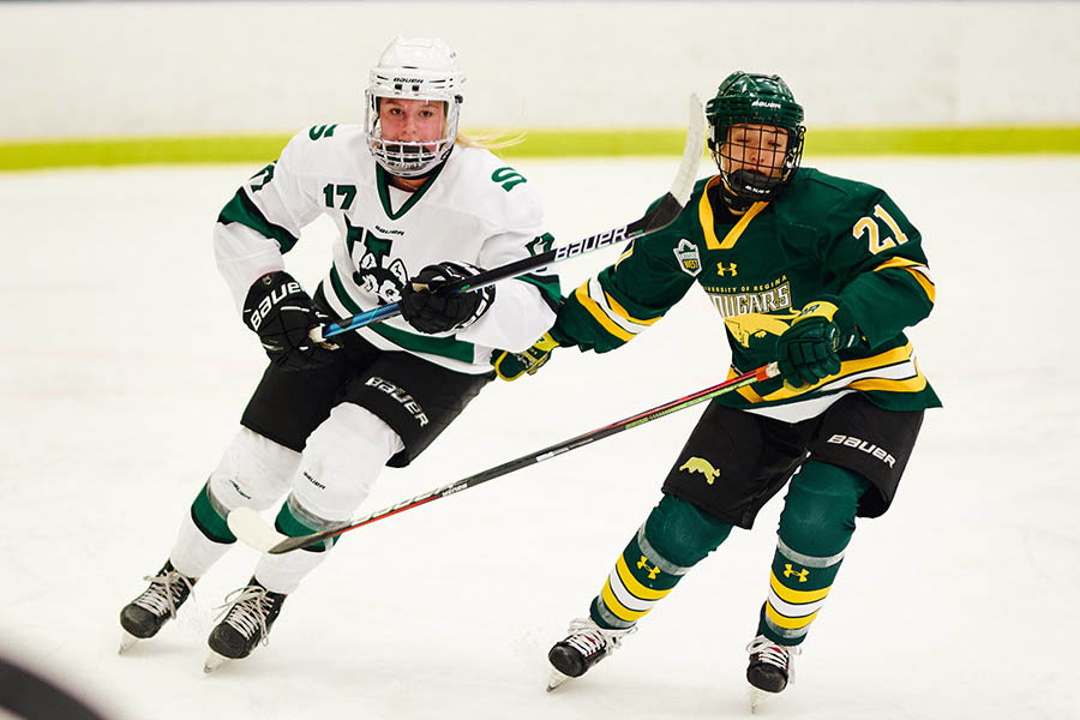Action scene from The Huskie women’s hockey team at the Merlis Belsher Arena at the University of Saskatchewan campus 