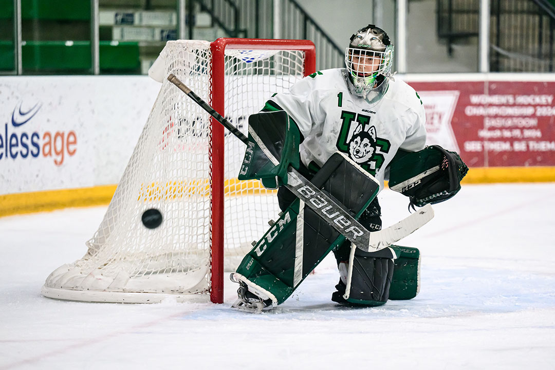 Huskies all-star Camryn Drever was named the Canada West women’s hockey player of the year and goaltender of the year this season. (Photo: Electric Umbrella/Huskie Athletics)