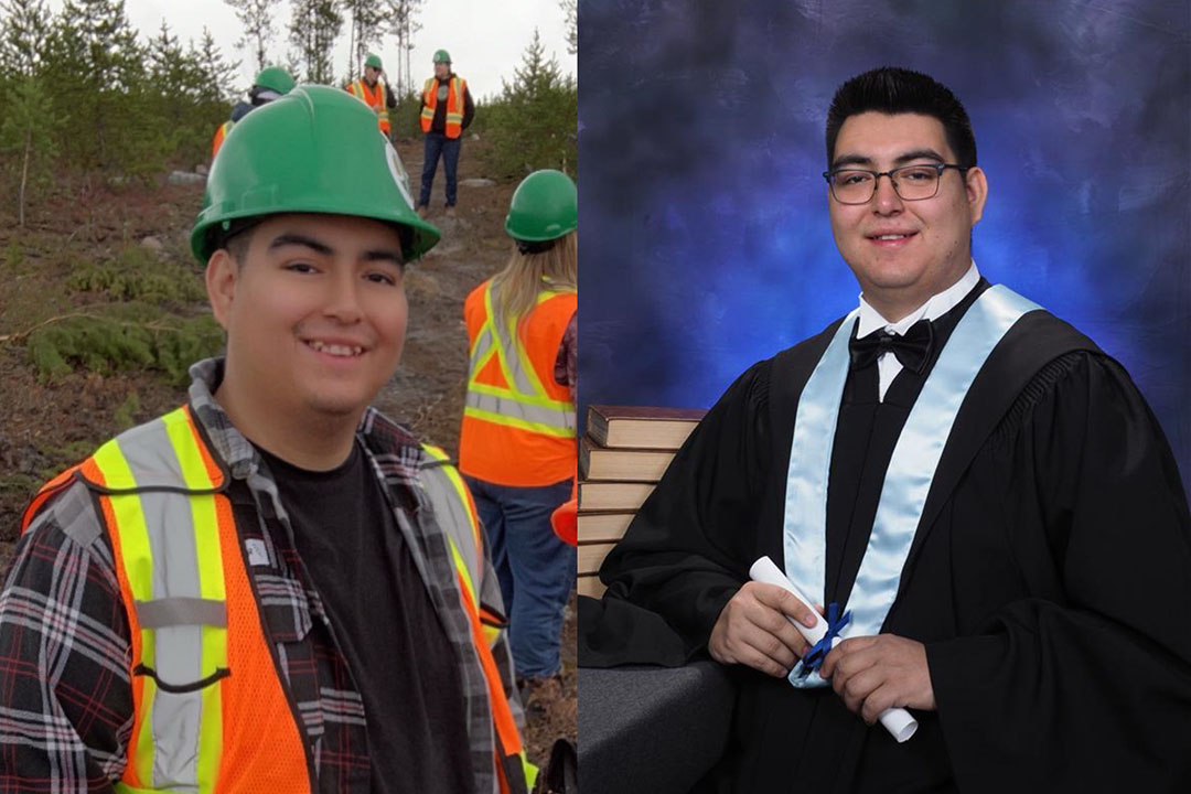 (Left) Damien Georges conducting community environmental monitoring at the Wheeler River mine site in northern Saskatchewan. (Right) Georges will graduate at USask Fall Convocation 2024. (Photos: Submitted)