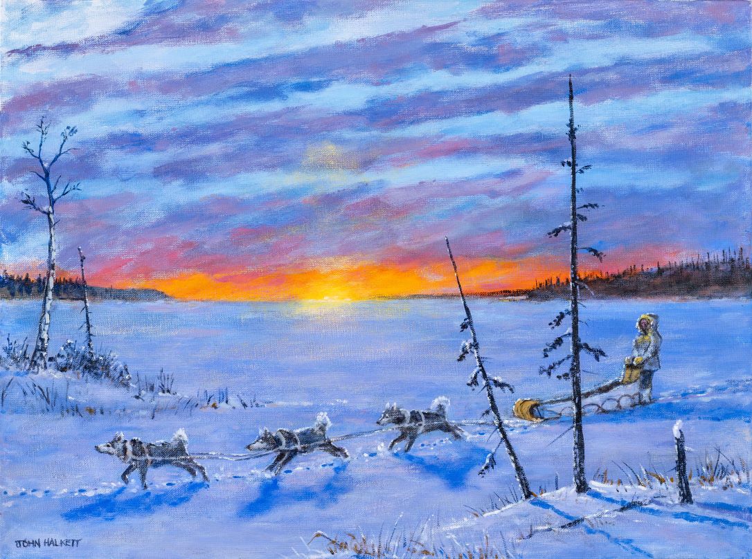 Heading Home by Elder John Halkett is one of 20 pieces of art in the Dog Medicine art exhibition inspired by the research of Dr. Jordan Woodsworth (DVM, PhD).