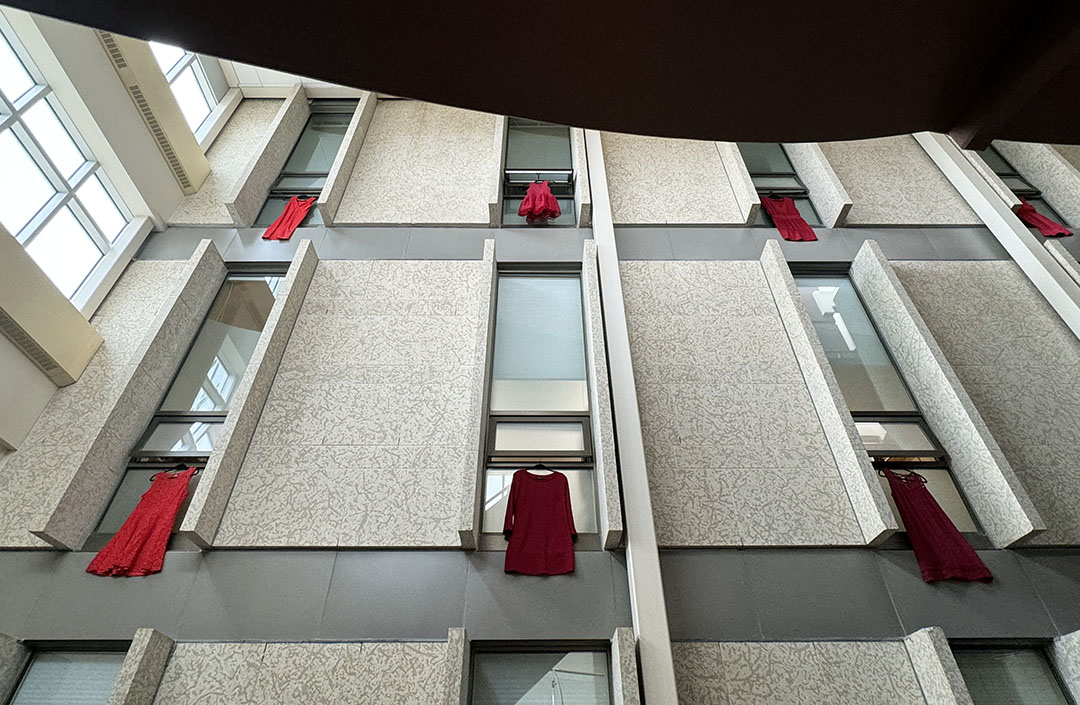 The Red Dress Day installation at the Edwards School of Business at USask features empty red dresses to represent missing and murdered Indigenous women. (Photo: University of Saskatchewan communications) 