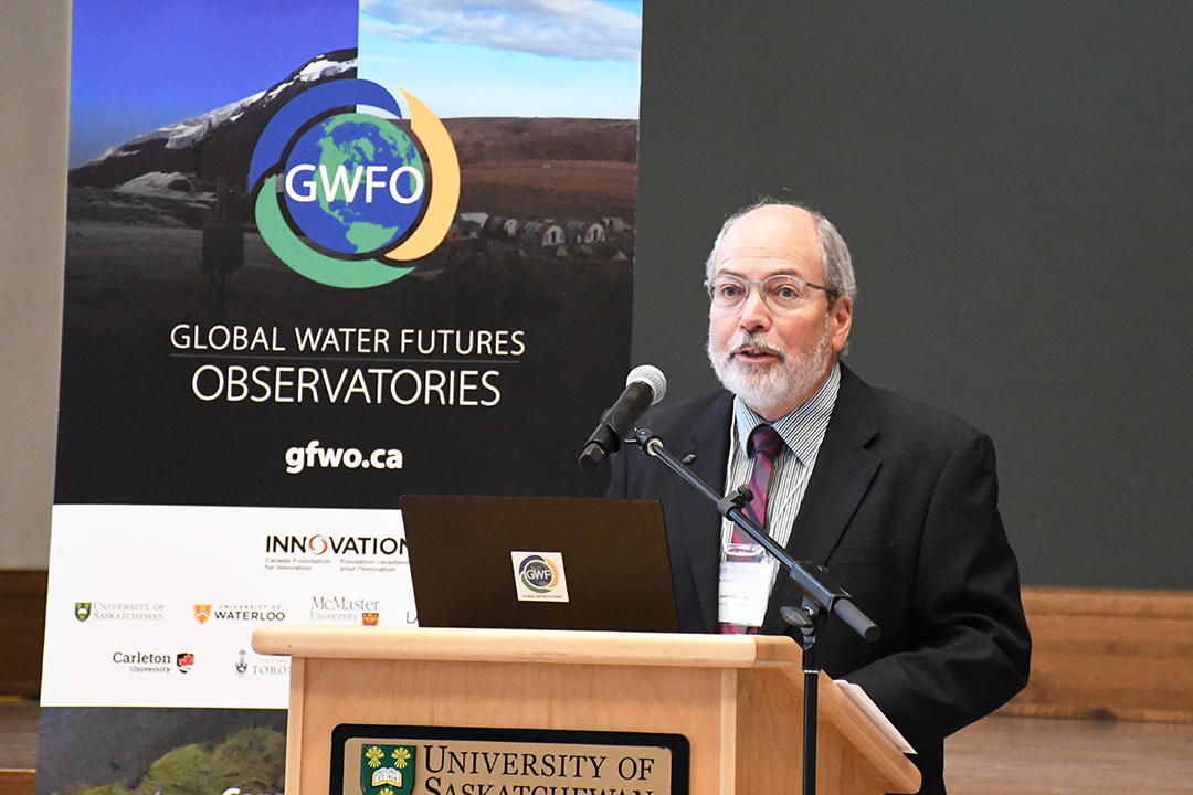 Dr. John Pomeroy (PhD), the director of the Global Water Futures Observatories (GWFO) project, speaks at the GWFO launch event on April 17, 2024.