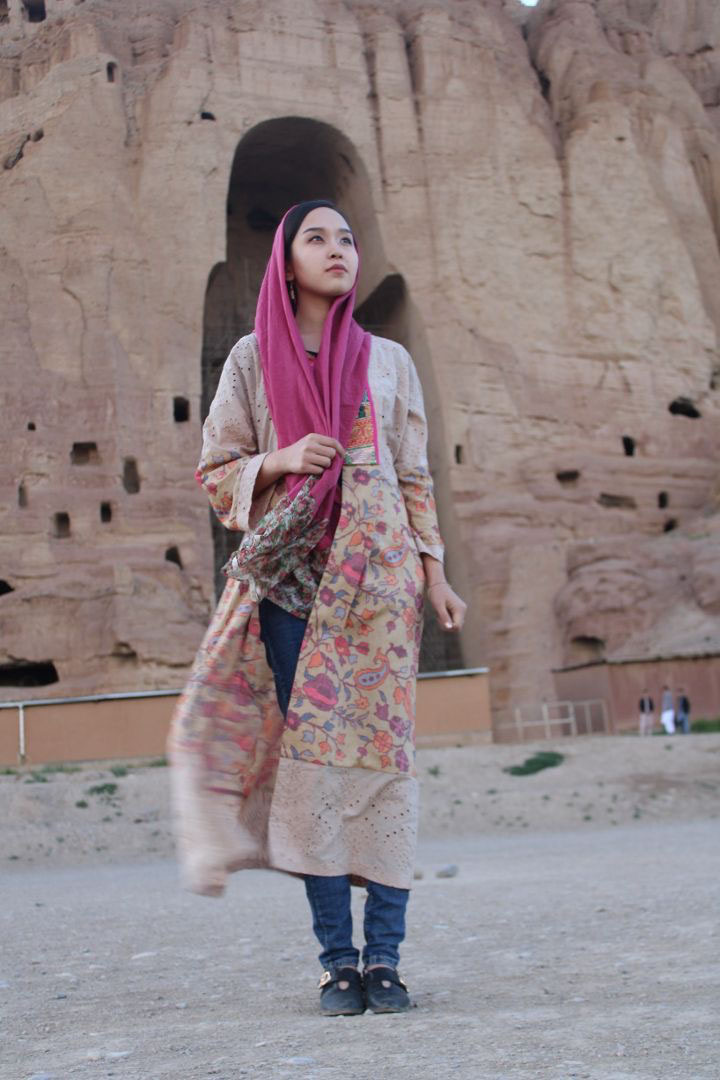 Soomaya Javadi in front of the UN last year when she gave a speech on the situation of Afghanistan under the Taliban control (Photo submitted).